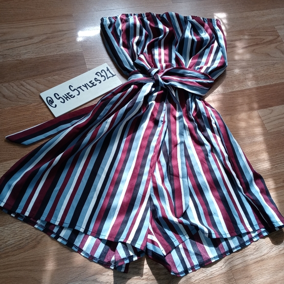 Stripped Shorts Romper W/Belt - Picture 2 of 5